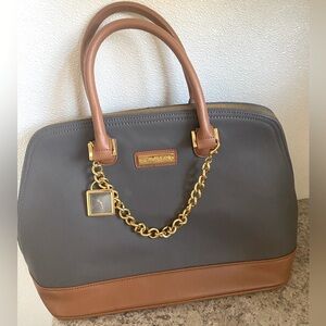 Joy & Iman like new grey & beige  handbag with handles/ a mirror & a watch charm